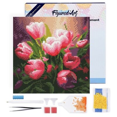 Pintura de diamante - Kit de bordado de diamante DIY Mini 25x25cm con marco - Hermosos tulipanes rosados