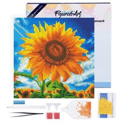 Diamantmalerei – DIY-Diamant-Stickset Mini 25 x 25 cm mit Rahmen – Sonnenblume platzt in der Sonne
