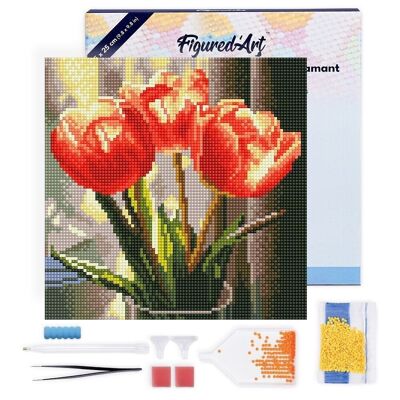 Diamantmalerei – DIY-Diamant-Stickset Mini 25 x 25 cm mit Rahmen – Pfirsich-Tulpen