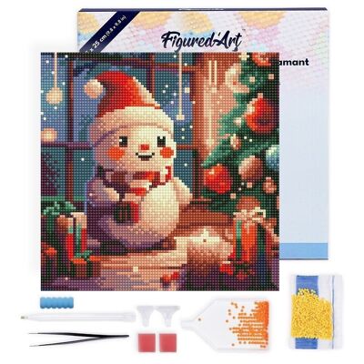 Diamond Painting - Broderie Diamant DIY kit Mini 25x25cm avec cadre - Joyeux Bonhomme de Neige dans la Chambre