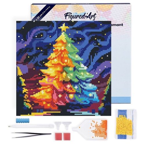 Diamond Painting - Broderie Diamant DIY kit Mini 25x25cm avec cadre - Sapin de Noël Coloré