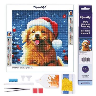 Diamantmalerei – DIY-Diamant-Stickset, Mini-Leinwand, gerollt, 25 x 25 cm – süßer Hund zu Weihnachten