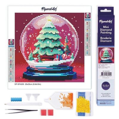 Pintura de diamantes - Kit de bordado de diamantes DIY Mini lienzo enrollado de 25x25 cm - Globo de nieve y árbol de Navidad