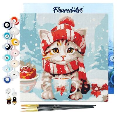 Mini Peinture par Numéros - Kit DIY 20x20cm avec cadre Chat Mignon avec Écharpe Rouge