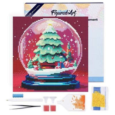 Diamond Painting - Kit ricamo diamante fai da te Mini 25x25 cm con cornice - Palla di neve e albero di Natale