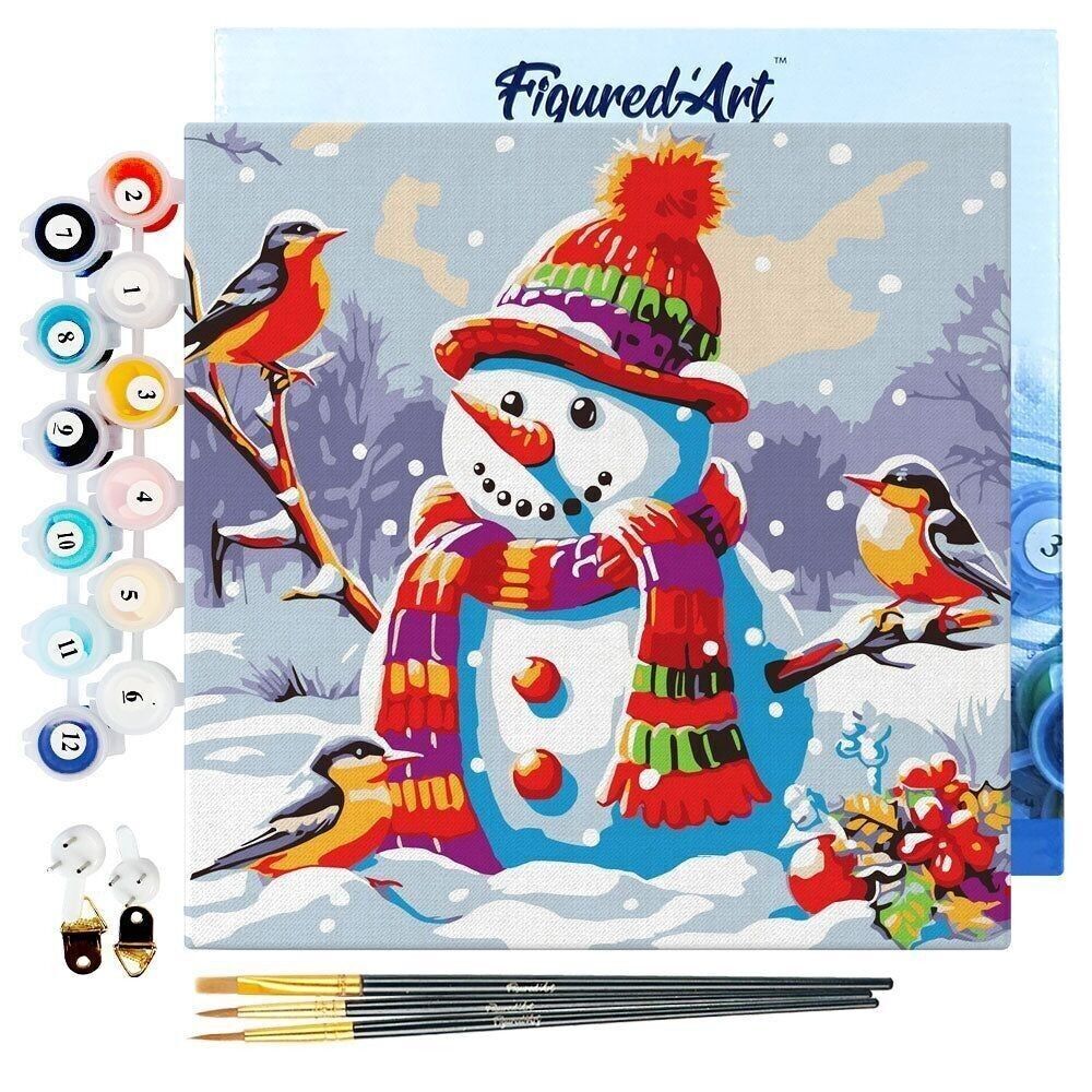 Mini dipinto con i numeri - Kit fai da te 20x20 cm con cornice Pupazzo di neve e uccelli