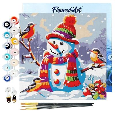 Mini pintura por números - Kit de bricolaje 20x20cm con marco Muñeco de nieve y los pájaros