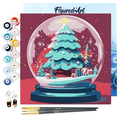Mini pintura por números - Kit de bricolaje 20x20cm con globo de nieve y marco de árbol de Navidad