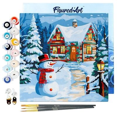 Mini pintura por números - Kit de bricolaje 20x20cm con marco Muñeco de nieve y cabaña
