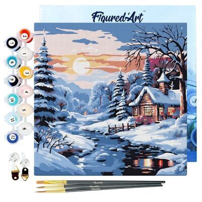 Mini pintura por números - Kit de bricolaje 20x20cm con marco Bonita cabaña bajo la nieve