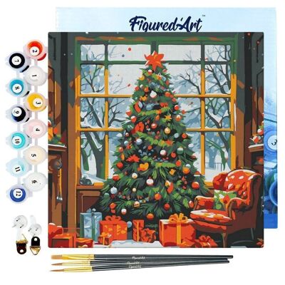 Mini pintura por números - Kit de bricolaje 20x20cm con marco Árbol de Navidad en el salón