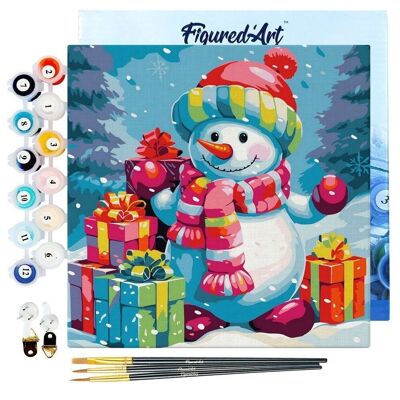 Mini dipinto con i numeri - Kit fai da te 20x20 cm con cornice pupazzo di neve e regali nella neve