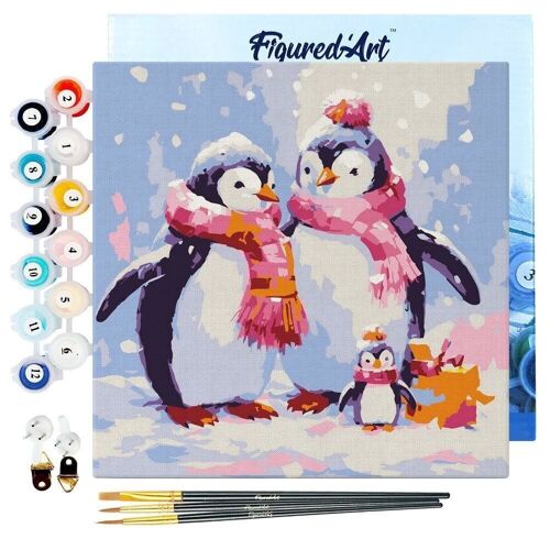 Mini Peinture par Numéros - Kit DIY 20x20cm avec cadre Famille de Pingouins sous la Neige