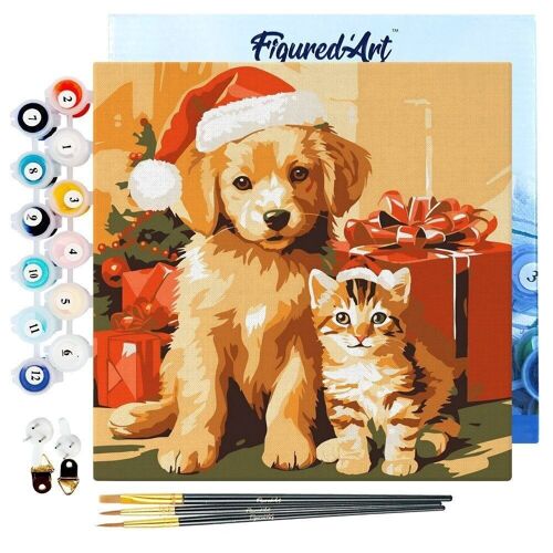 Mini Peinture par Numéros - Kit DIY 20x20cm avec cadre Chat et Chien de Noël