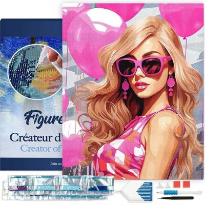 Kit de Broderie Diamant 5D - Diamond Painting DIY Ballons Roses et Diva 40x50cm toile tendue sur châssis