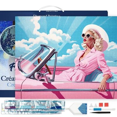 Kit de bordado de diamantes 5D - Pintura de diamantes DIY Diva en un coche retro rosa 40x50 cm lienzo estirado sobre marco