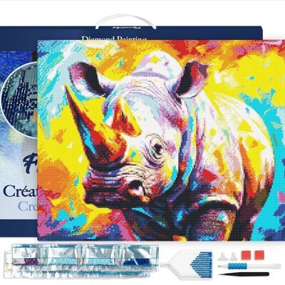 Kit de bordado de diamantes 5D, pintura de diamantes DIY, lienzo abstracto de rinoceronte colorido de 40x50cm estirado sobre marco