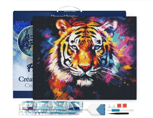 Kit de Broderie Diamant 5D - Diamond Painting DIY Tigre Coloré Abstrait 40x50cm toile tendue sur châssis