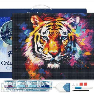 Kit ricamo diamante 5D - Pittura diamante fai-da-te Tigre colorata astratta 40x50 cm tela tesa su telaio