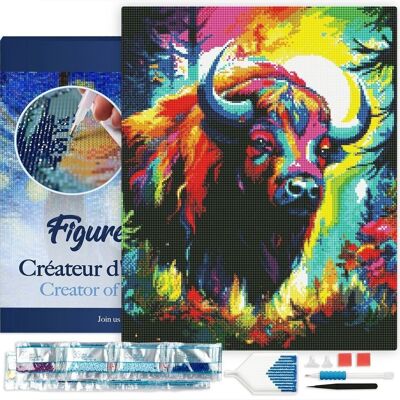 Kit ricamo diamante 5D - Pittura diamante fai da te colorato bisonte astratto tela tesa 40x50 cm su telaio