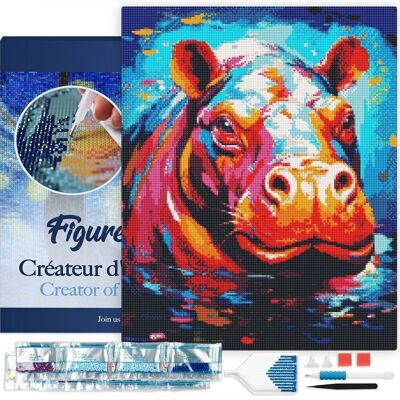 Kit ricamo diamante 5D - Pittura diamante fai da te colorato ippopotamo astratto tela 40x50 cm tesa su telaio