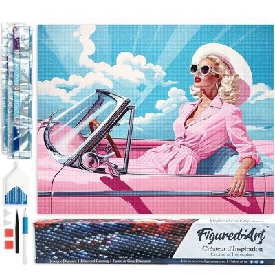 5D-Diamant-Stickset – DIY-Diamantgemälde „Diva in einem rosa Retro-Auto“.
