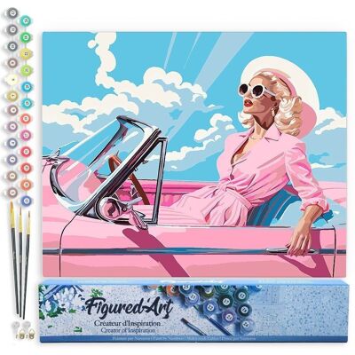 Kit de bricolaje de pintura por número - Diva en un coche retro rosa - Lienzo enrollado