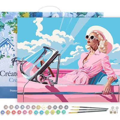 Kit de bricolaje de pintura por número - Diva en un coche retro rosa - lienzo estirado sobre marco de madera