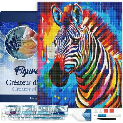 5D-Diamant-Stickset – Diamantgemälde zum Selbermachen, buntes Zebra, abstrakt, 40 x 50 cm Leinwand, auf Rahmen gespannt