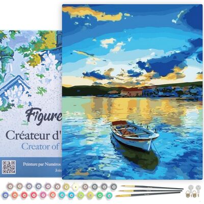 Paint by Number DIY Kit - Boat and Sunrise - canvas stretched on wooden frame