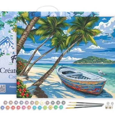 Kit fai da te per dipingere con i numeri - Barca sotto gli alberi di cocco - tela tesa su telaio in legno