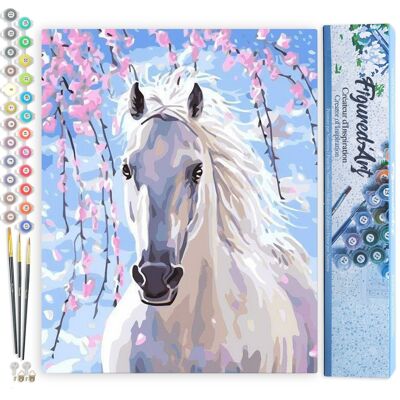 Malen-nach-Zahlen-DIY-Set – Pferd und weiße Blumen – gerollte Leinwand