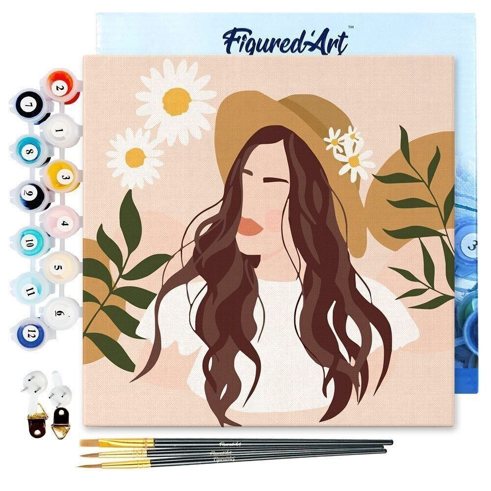 Mini-Malen nach Zahlen – DIY-Set 20 x 20 cm mit Rahmen, Frau und Gänseblümchen