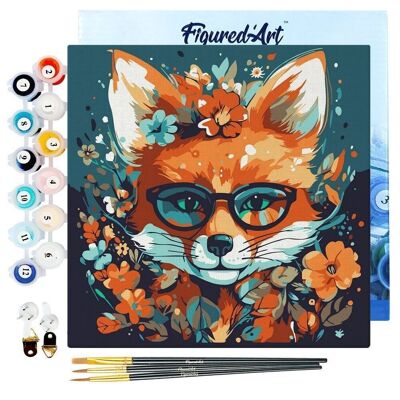 Mini Peinture par Numéros - Kit DIY 20x20cm avec cadre Renard Fantaisie et Fleurs