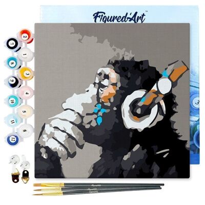 Mini Peinture par Numéros - Kit DIY 20x20cm avec cadre Singe casque audio