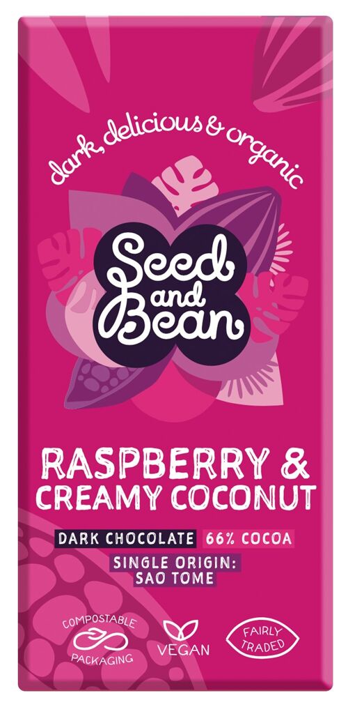 Seed and Bean Raspberry & Creamy Coconut Dark 66% Organic 10x75g Chocolate Bar