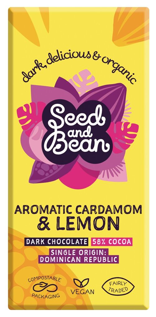Seed and Bean Aromatic Cardamon & Lemon Dark Chocolate 58%  Organic 10x75g Bar