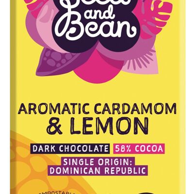 Aromatische Kardamom-Zitronen-Zartbitterschokolade aus Samen und Bohnen, 58 % Bio-Riegel, 10 x 75 g