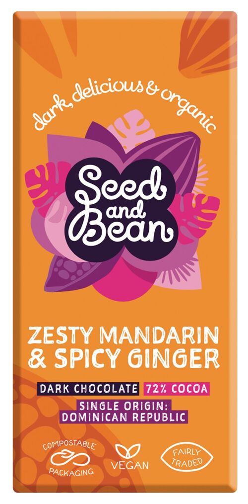Seed and Bean Zesty Mandarin & Spicy Ginger Dark 72% Organic 10x75g Chocolate Bar