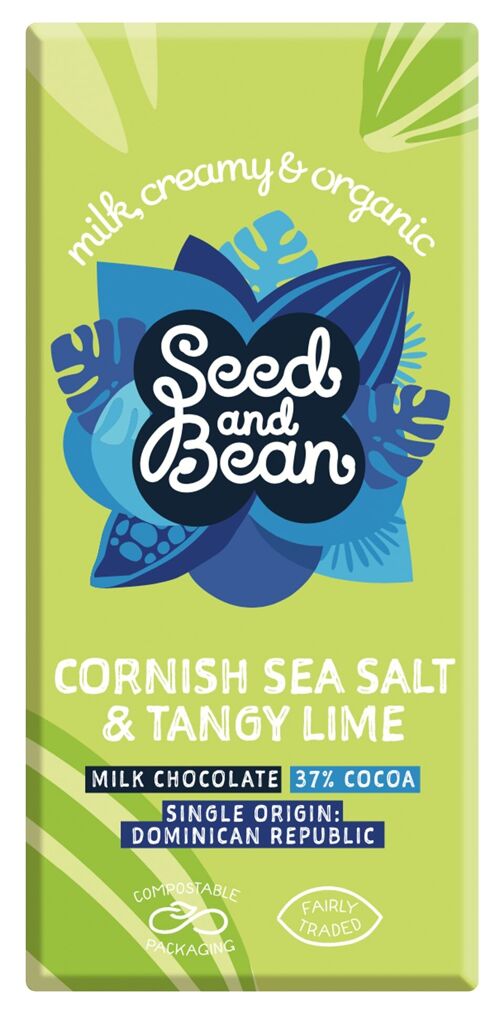 Seed and Bean Cornish Sea Salt & Tangy Lime 37% Milk Organic 10x75g Chocolate Bar