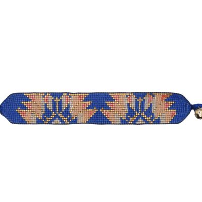 Bracelet perlé bleu royal et feuille de lotus pêche