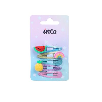 Children's set of 5 hair clips with fruits - 5 colors - with glitter