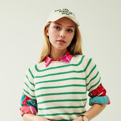 Short sleeves white knit sweater with green stripes