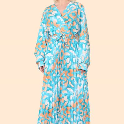 Robe longue plissée croisée et soyeuse à imprimé léopard, manches longues et lien à la taille, mode printemps-été pour femme, grande taille, surdimensionnée, imprimé animal coloré, léger, élégant, contraste vibrant - Convient jusqu'au UK26