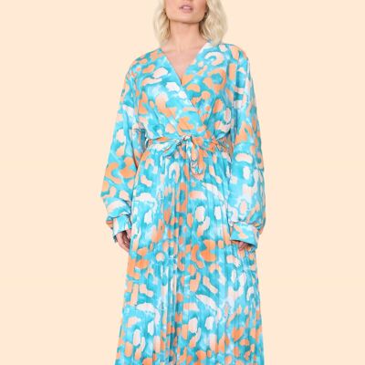 Silky Smooth Crossover Pleated Maxi Dress in Leopard Print Long Sleeves and Waist Tie Spring Summer Women's Fashion Plus Size Oversized Colourful Animal Print Viral Lightweight Stylish Vibrant Contrast - Fits up to UK26