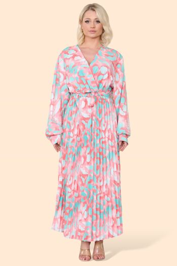 Robe longue plissée croisée et soyeuse à imprimé léopard, manches longues et lien à la taille, mode printemps-été pour femme, grande taille, surdimensionnée, imprimé animal coloré, léger, élégant, contraste vibrant - Convient jusqu'au UK26 8