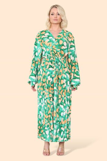 Robe longue plissée croisée et soyeuse à imprimé léopard, manches longues et lien à la taille, mode printemps-été pour femme, grande taille, surdimensionnée, imprimé animal coloré, léger, élégant, contraste vibrant - Convient jusqu'au UK26 9