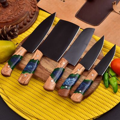 Set di 5 coltelli da chef fatti a mano di alta qualità con fodero in pelle