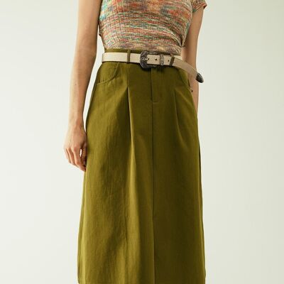 A line Midi Khaki Skirt With Pockets in Khaki