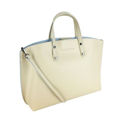 RB1024AL | Damenhandtasche aus echtem Leder, hergestellt in Italien, mit abnehmbarem Schultergurt. Große herausnehmbare Innentasche. Accessoires aus poliertem Rotguss – Farbe Beige – Maße: 48 x 31 x 11 cm